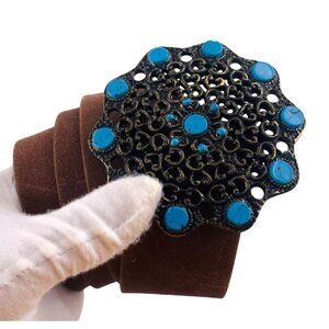 Chicos Brown Leather Belt With Ornate Filigree Buckle & Turquoise Accents